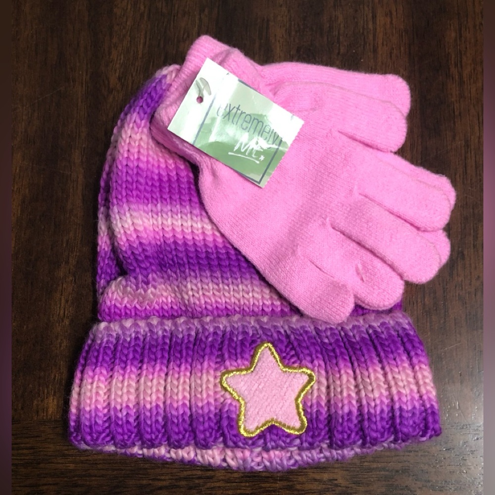 Girl’s Pink & Purple Star Knit Beanie with Pink Gloves. One size